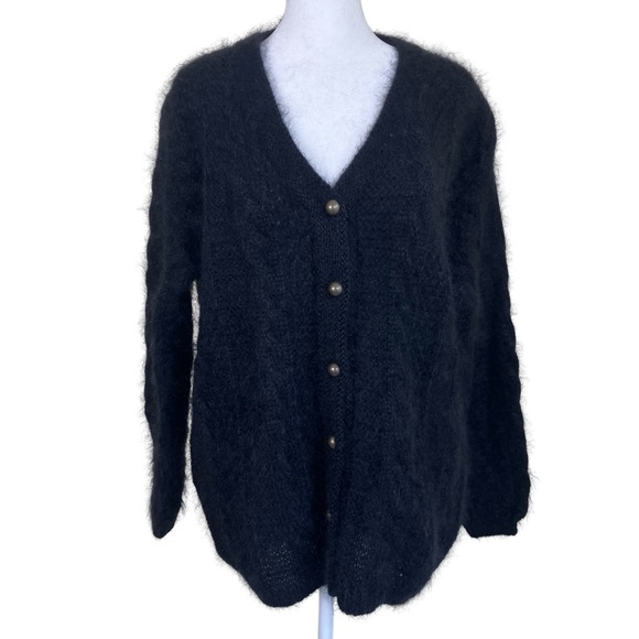 BENETTON Vintage 80s Black Mohair Wool Blend Oversized Cardigan Fisherman Sz S - Picture 1 of 16